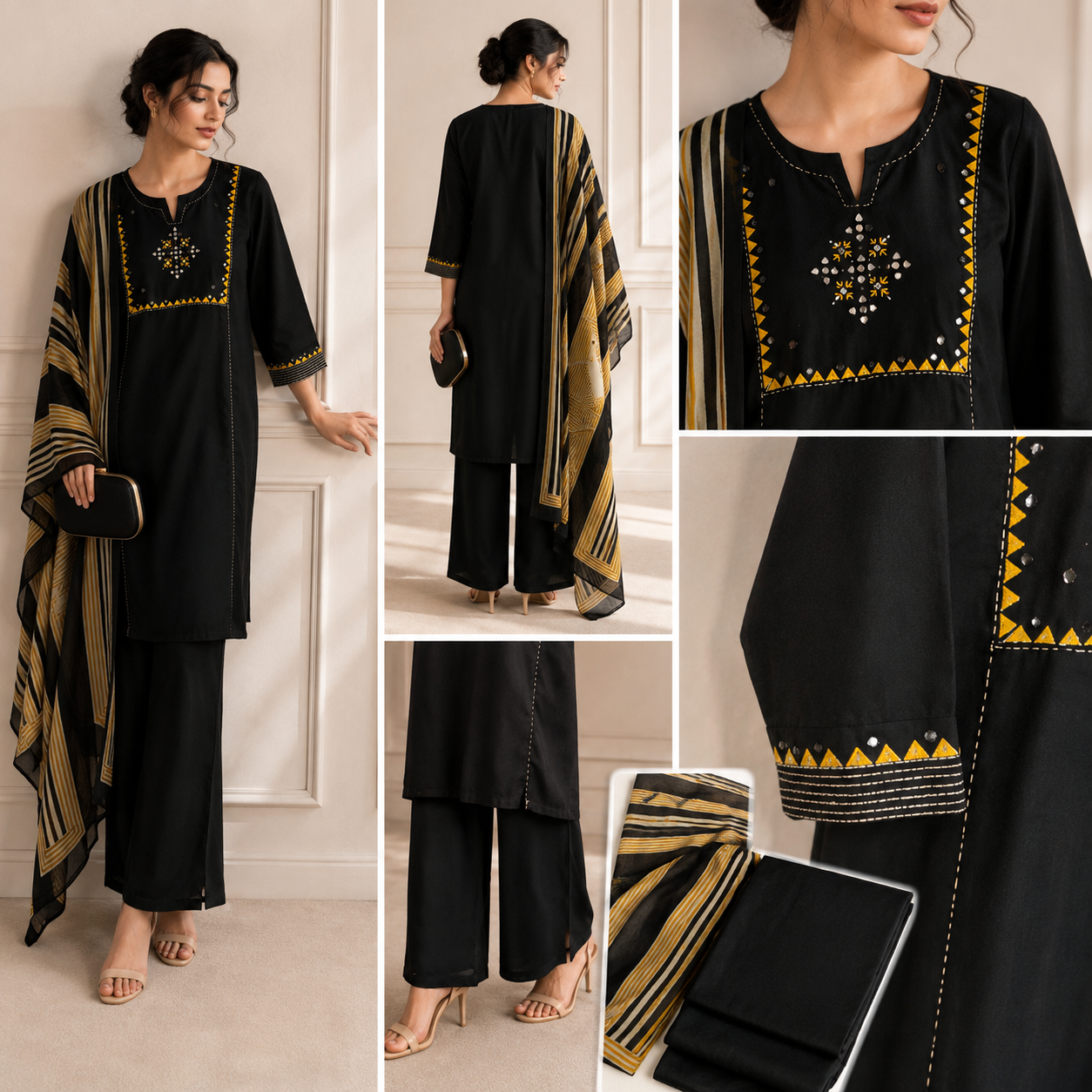 Black Pure Cotton Straight Suit with Mirror work