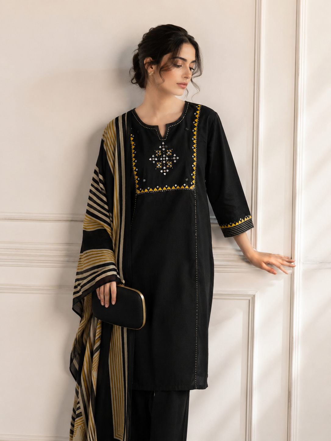Black Pure Cotton Straight Suit with Mirror work