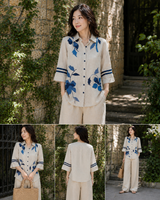 Cream Blue  Khadi Cotton Co-ord Set with Embriodery