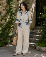Cream Blue  Khadi Cotton Co-ord Set with Embriodery