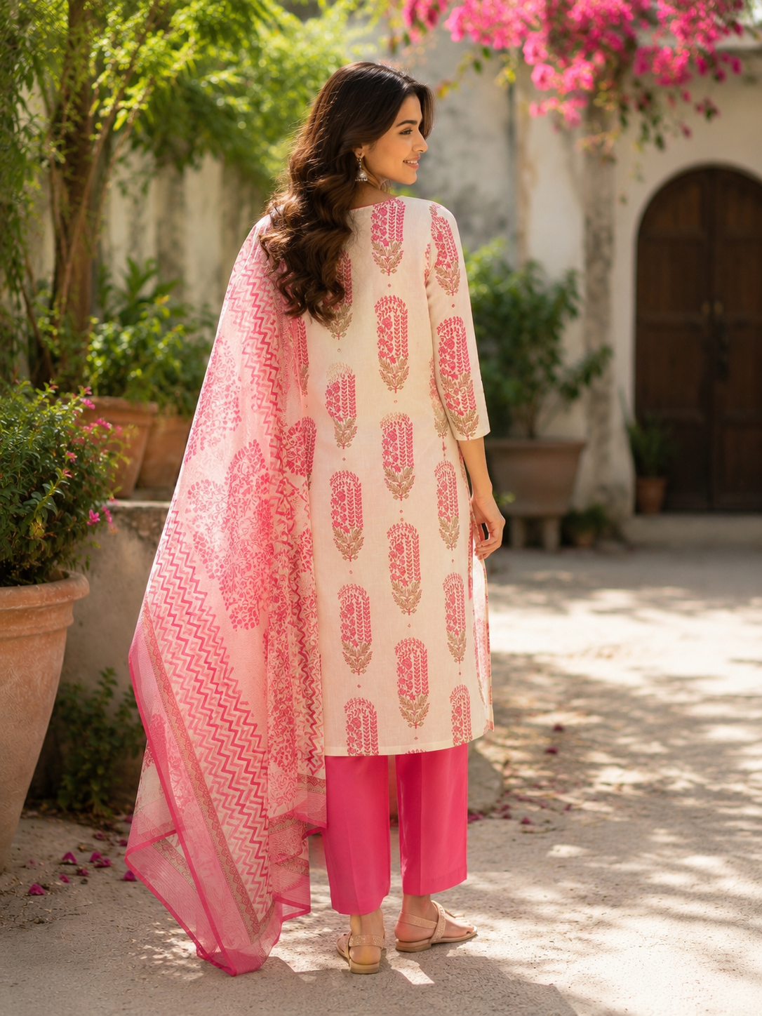 Pink Pure Cotton Printed Straight Suit with Gota Patti Work
