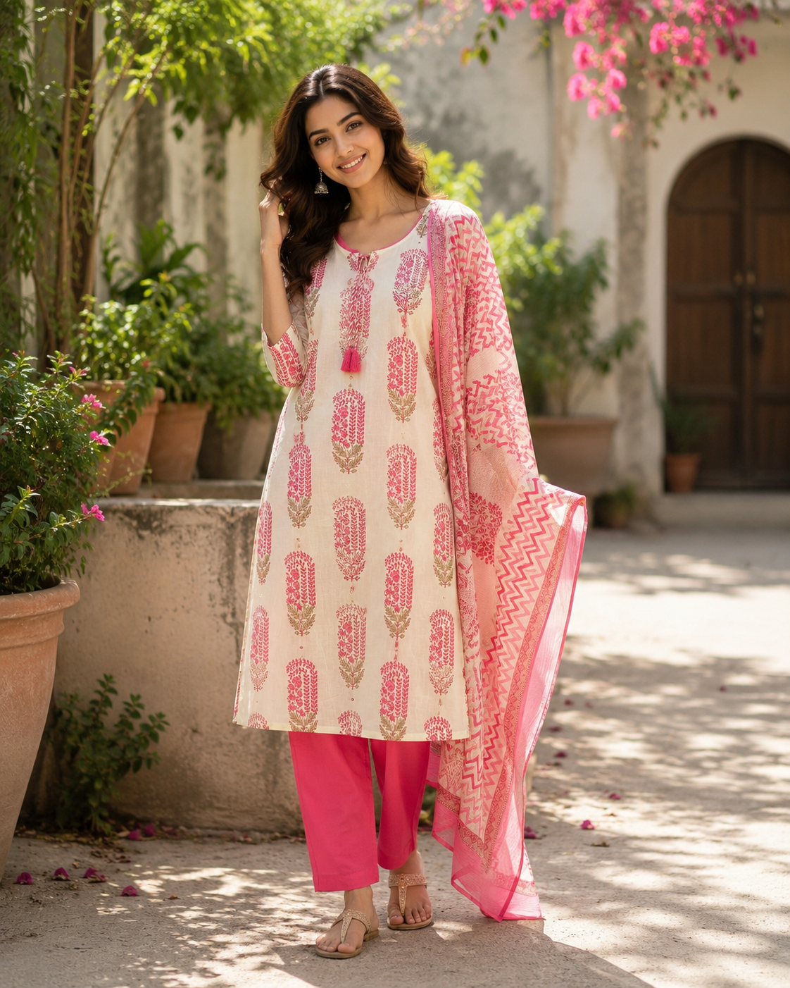 Pink Pure Cotton Printed Straight Suit with Gota Patti Work