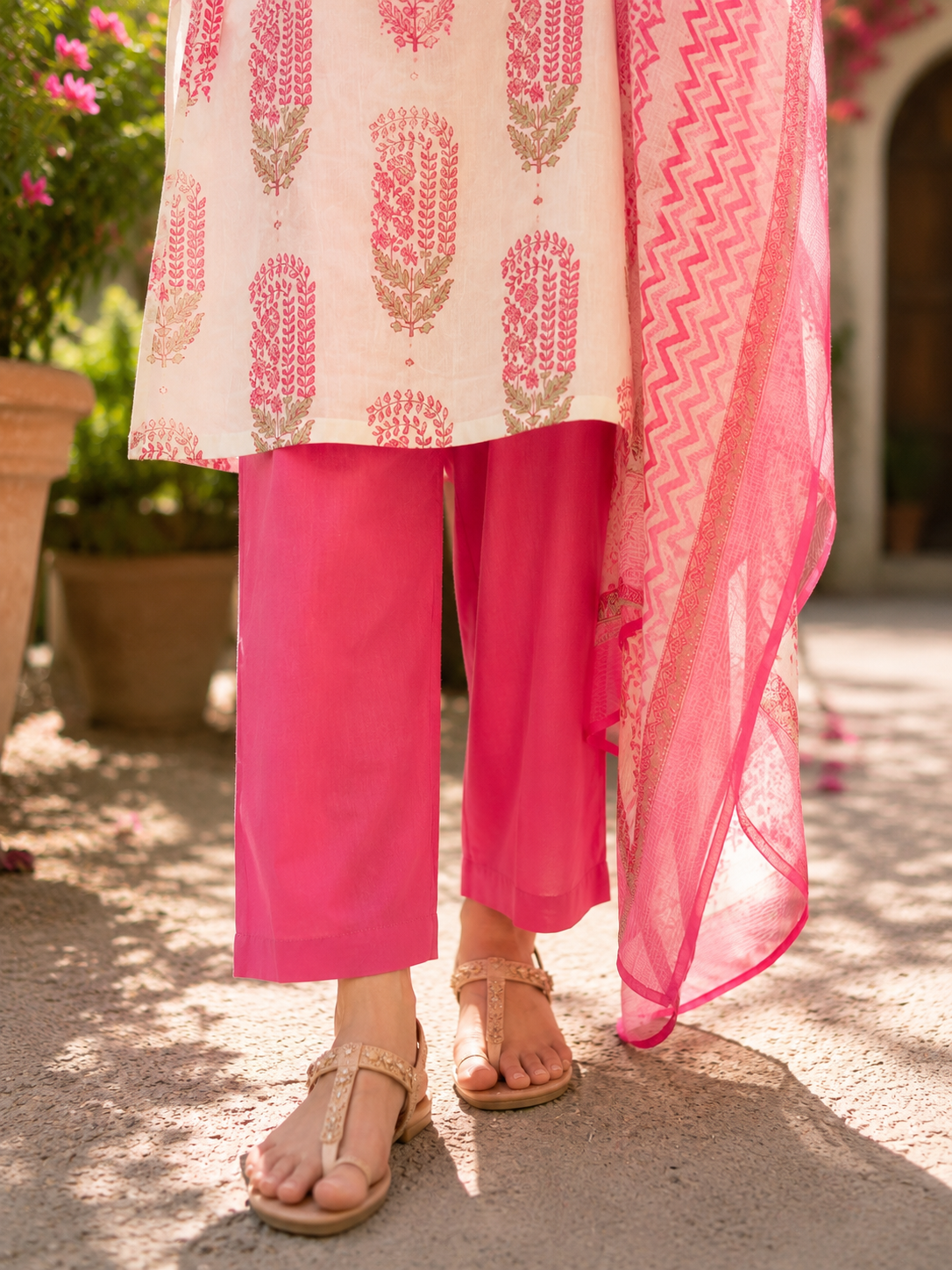 Pink Pure Cotton Printed Straight Suit with Gota Patti Work