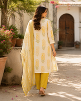 Yellow Pure Cotton Printed Straight Suit with Gota Patti Work