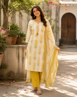 Yellow Pure Cotton Printed Straight Suit with Gota Patti Work