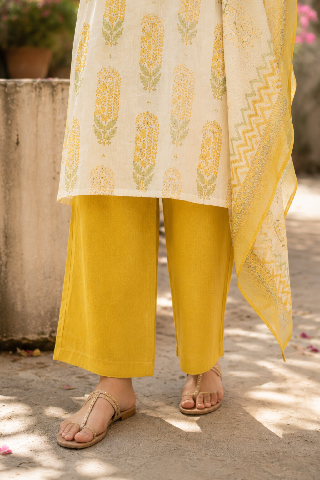 Yellow Pure Cotton Printed Straight Suit with Gota Patti Work
