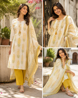 Yellow Pure Cotton Printed Straight Suit with Gota Patti Work