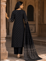 Black Angrakha Pure Cotton Straight Suit with Mirror Detailing