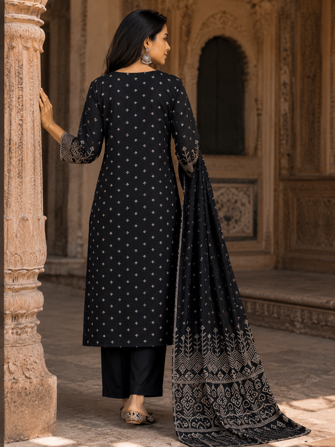 Black Angrakha Pure Cotton Straight Suit with Mirror Detailing