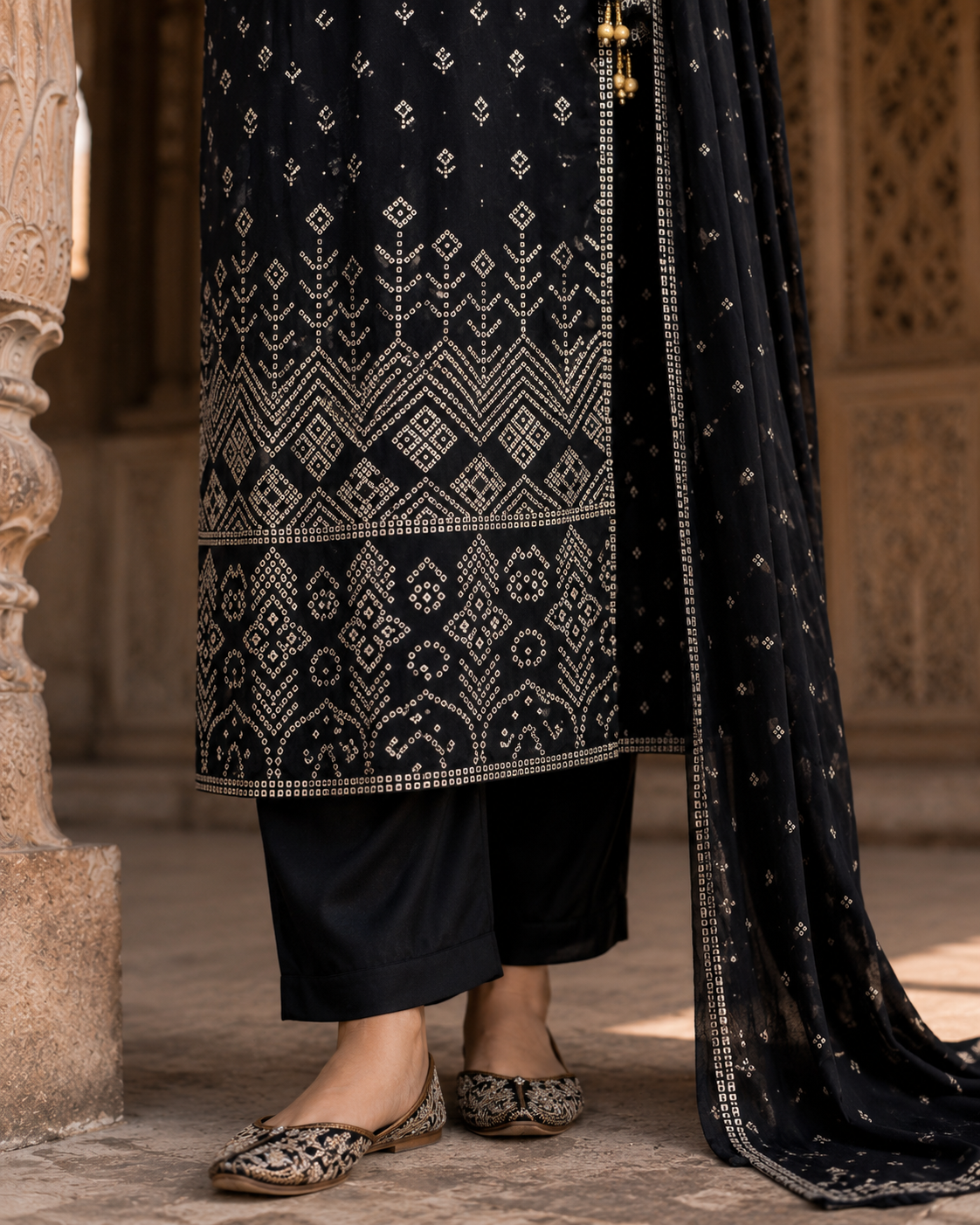 Black Angrakha Pure Cotton Straight Suit with Mirror Detailing