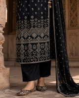 Black Angrakha Pure Cotton Straight Suit with Mirror Detailing
