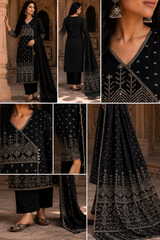 Black Angrakha Pure Cotton Straight Suit with Mirror Detailing