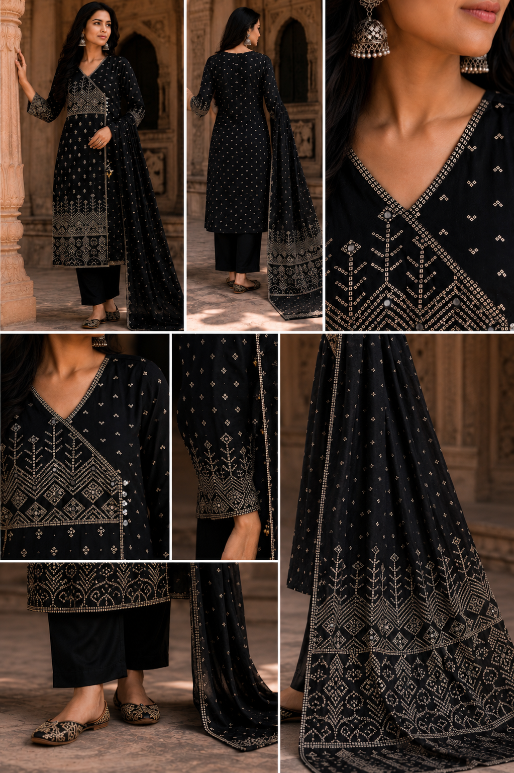 Black Angrakha Pure Cotton Straight Suit with Mirror Detailing