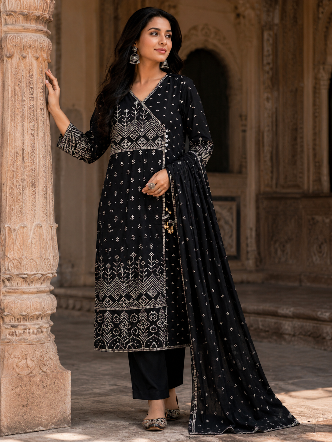 Black Angrakha Pure Cotton Straight Suit with Mirror Detailing