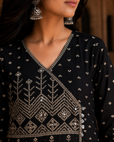 Black Angrakha Pure Cotton Straight Suit with Mirror Detailing