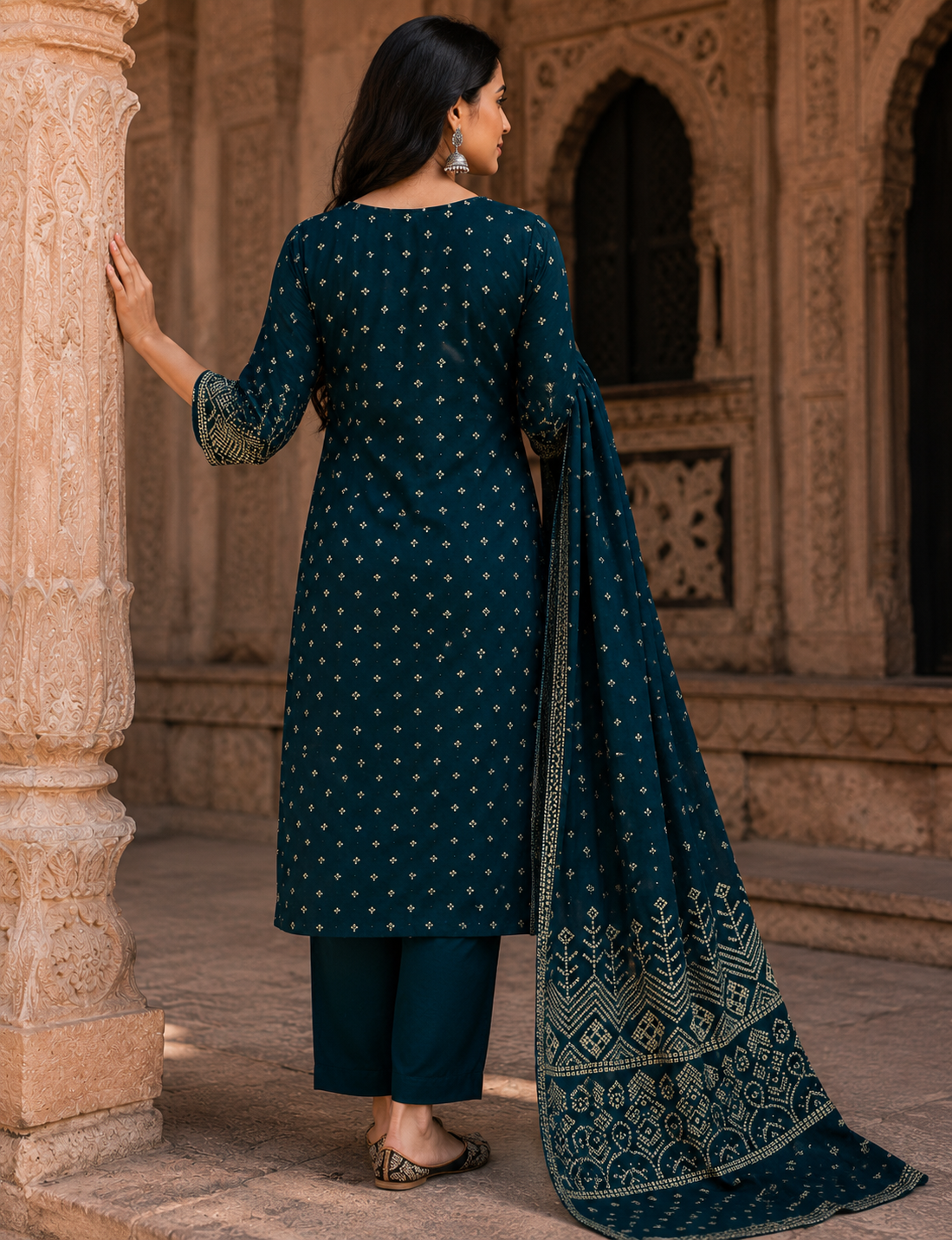 Teal Blue Angrakha Pure Cotton Straight Suit with Mirror Detailing