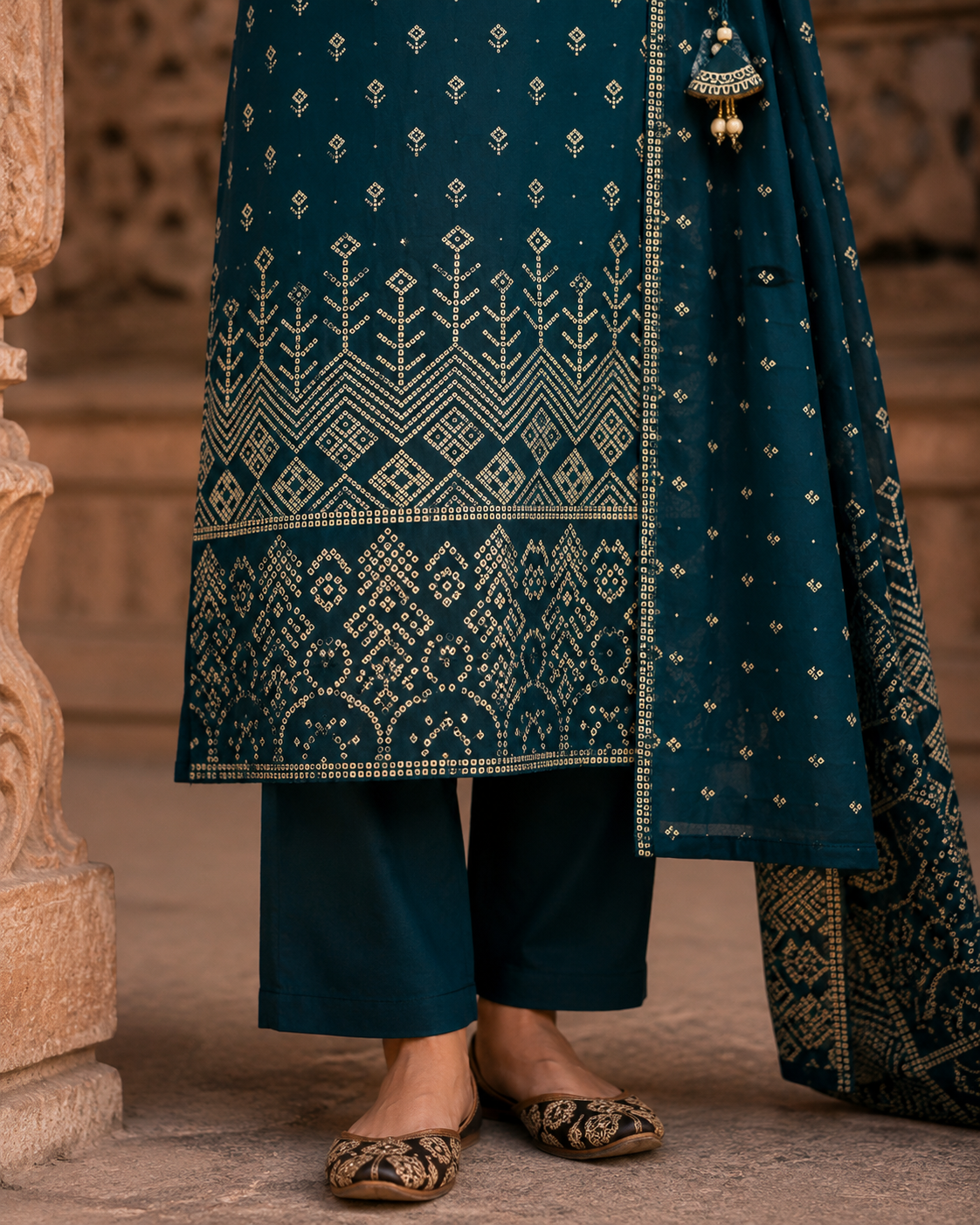 Teal Blue Angrakha Pure Cotton Straight Suit with Mirror Detailing