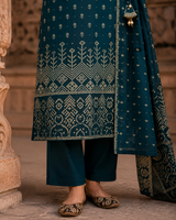 Teal Blue Angrakha Pure Cotton Straight Suit with Mirror Detailing