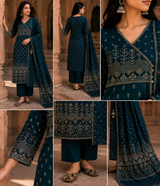 Teal Blue Angrakha Pure Cotton Straight Suit with Mirror Detailing