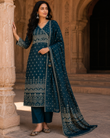 Teal Blue Angrakha Pure Cotton Straight Suit with Mirror Detailing