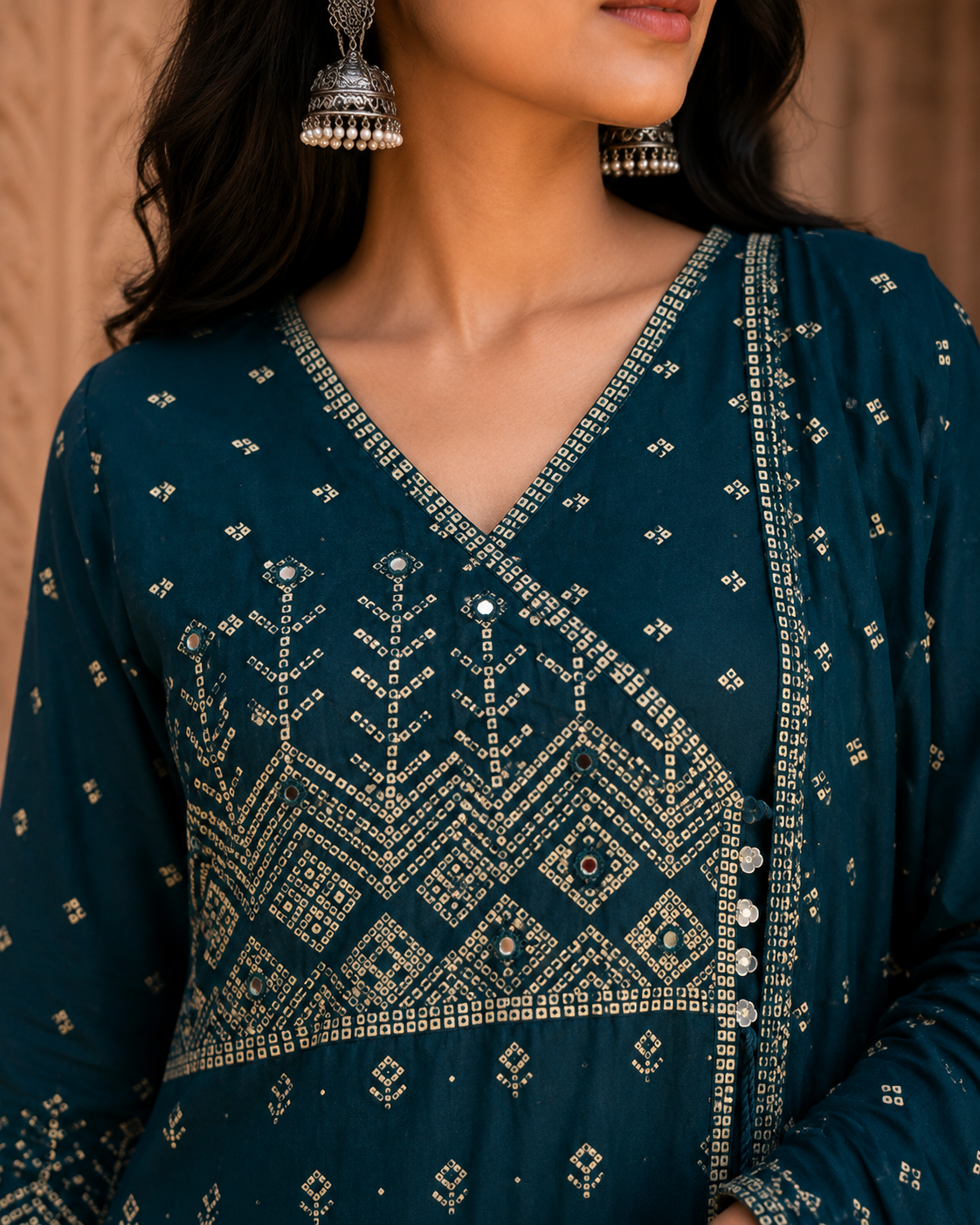 Teal Blue Angrakha Pure Cotton Straight Suit with Mirror Detailing