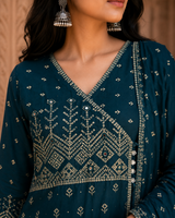 Teal Blue Angrakha Pure Cotton Straight Suit with Mirror Detailing