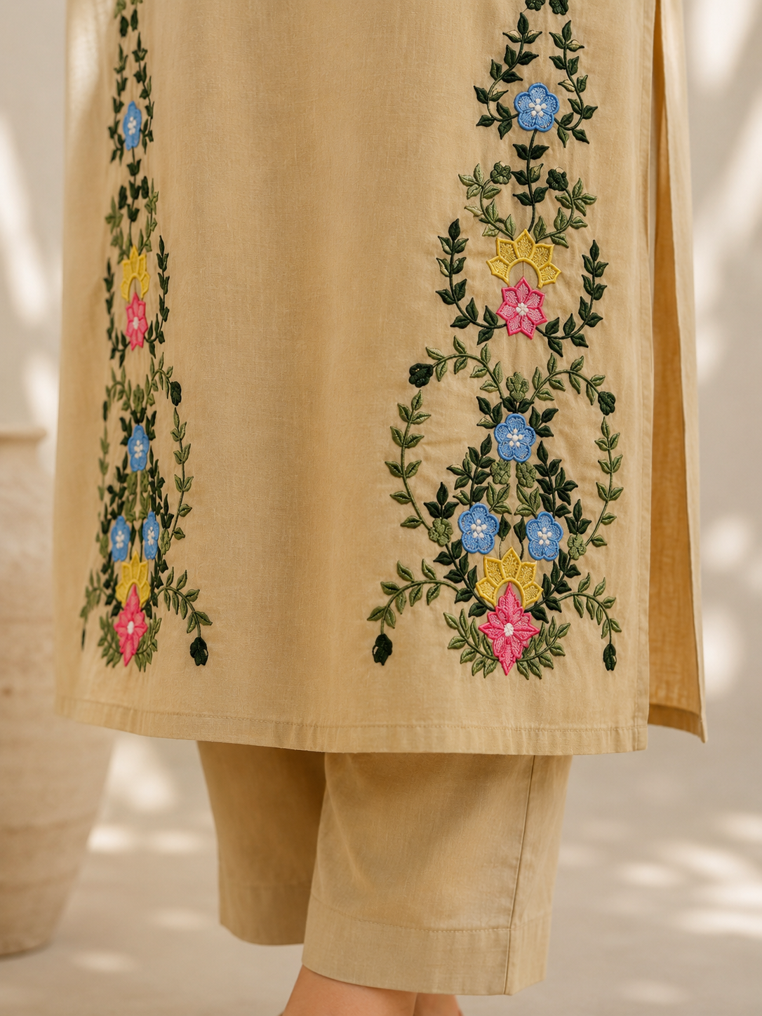 Beige Pure Cotton Co-ord Set with Embriodery