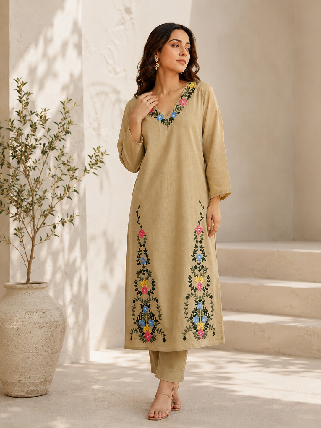 Beige Pure Cotton Co-ord Set with Embriodery