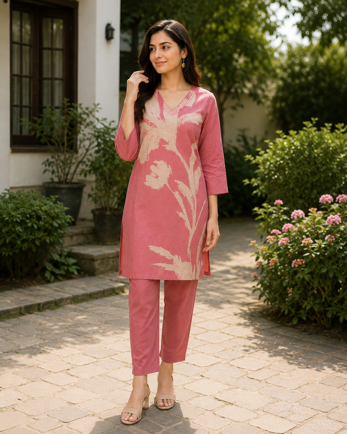 Pink Cotton Co-ord Set with Detailing