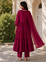 Dark Magenta Pure Cotton Flared Anarkali  Suit with Embriodery work