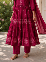 Dark Magenta Pure Cotton Flared Anarkali  Suit with Embriodery work