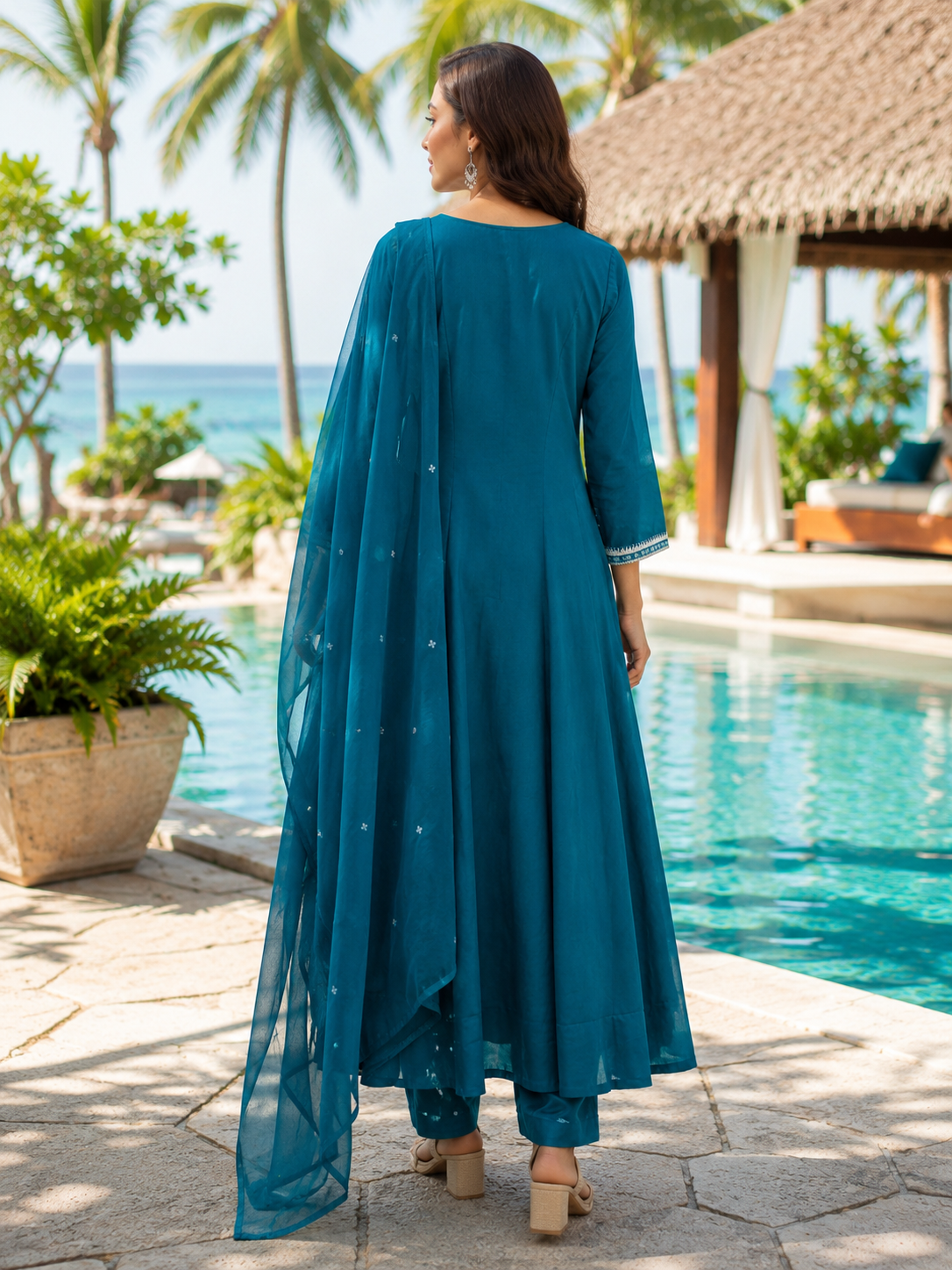 Teal Blue Pure Cotton A-Line Suit with Embriodery work