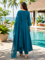 Teal Blue Pure Cotton A-Line Suit with Embriodery work