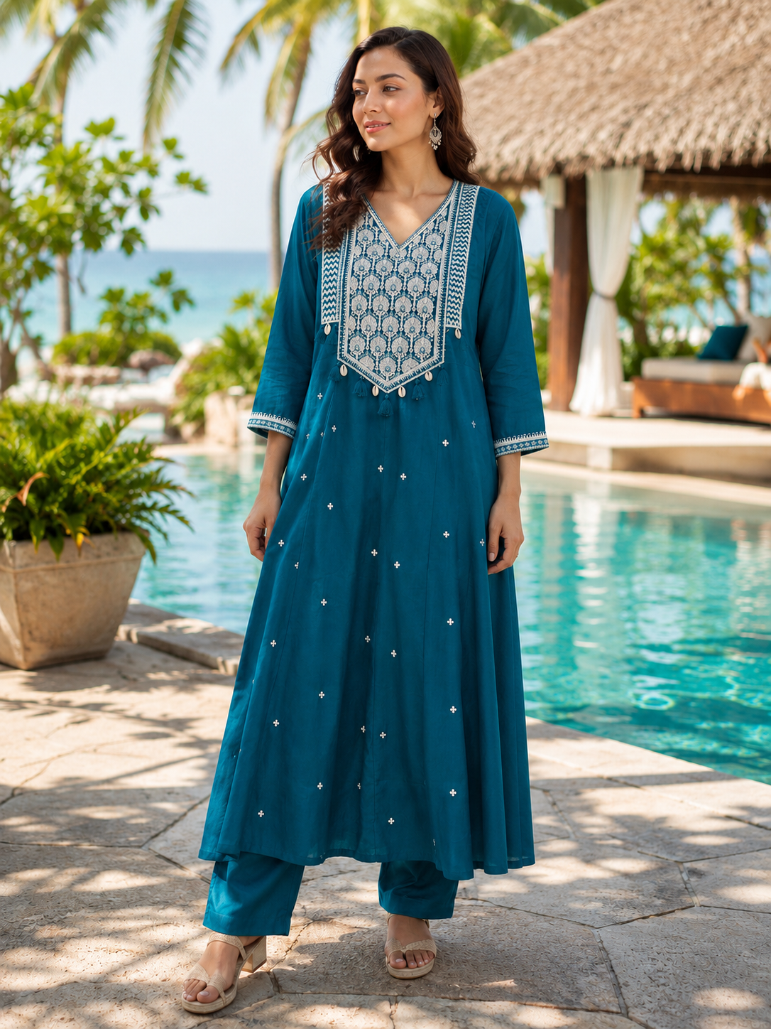 Teal Blue Pure Cotton A-Line Suit with Embriodery work