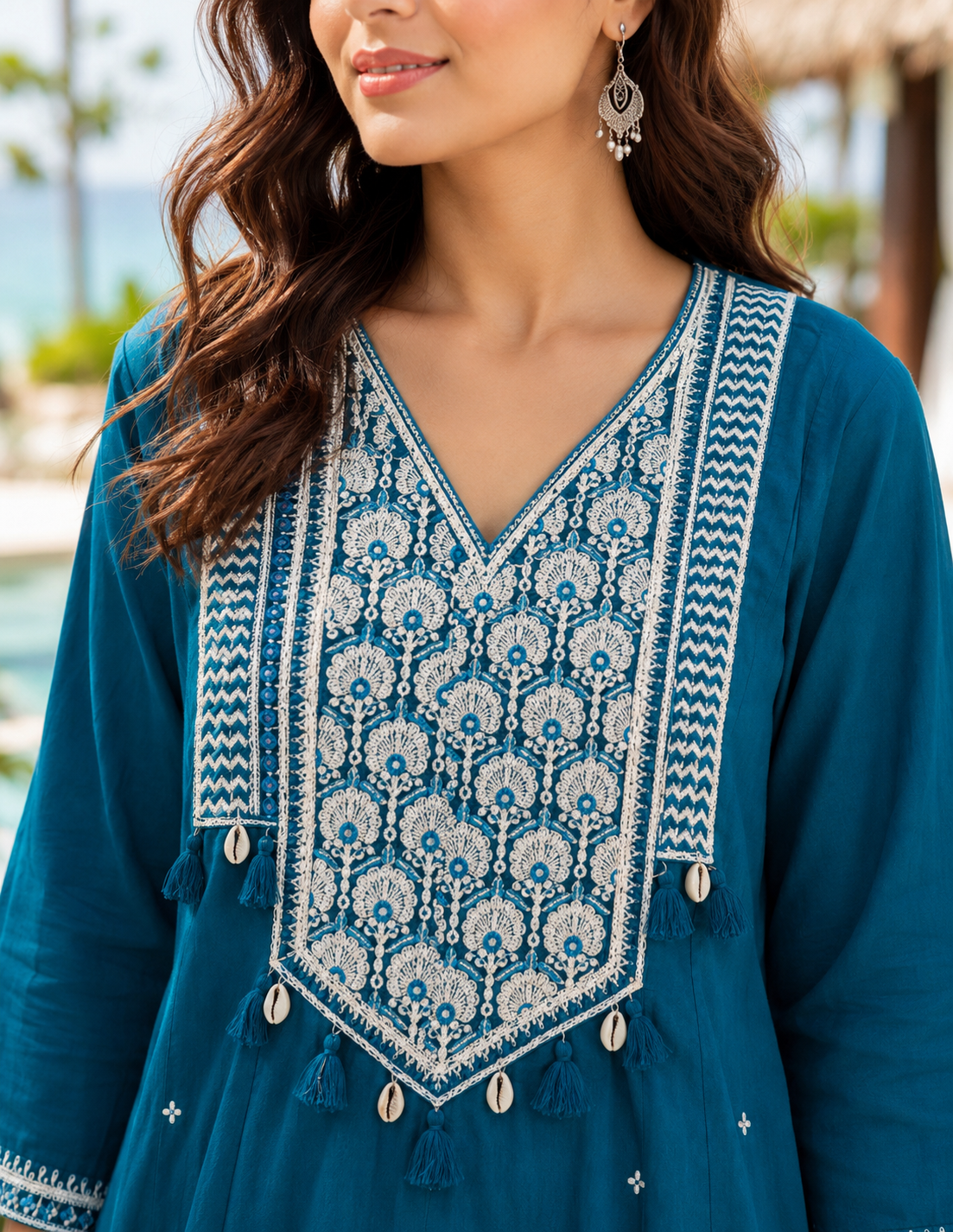 Teal Blue Pure Cotton A-Line Suit with Embriodery work