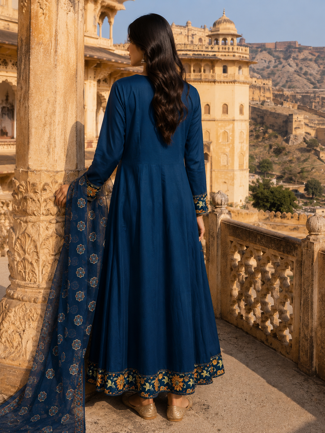 Blue Pure Cotton Anarkali  Suit with Mirror work