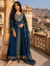 Blue Pure Cotton Anarkali  Suit with Mirror work