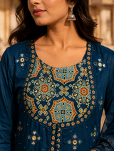 Blue Pure Cotton Anarkali  Suit with Mirror work