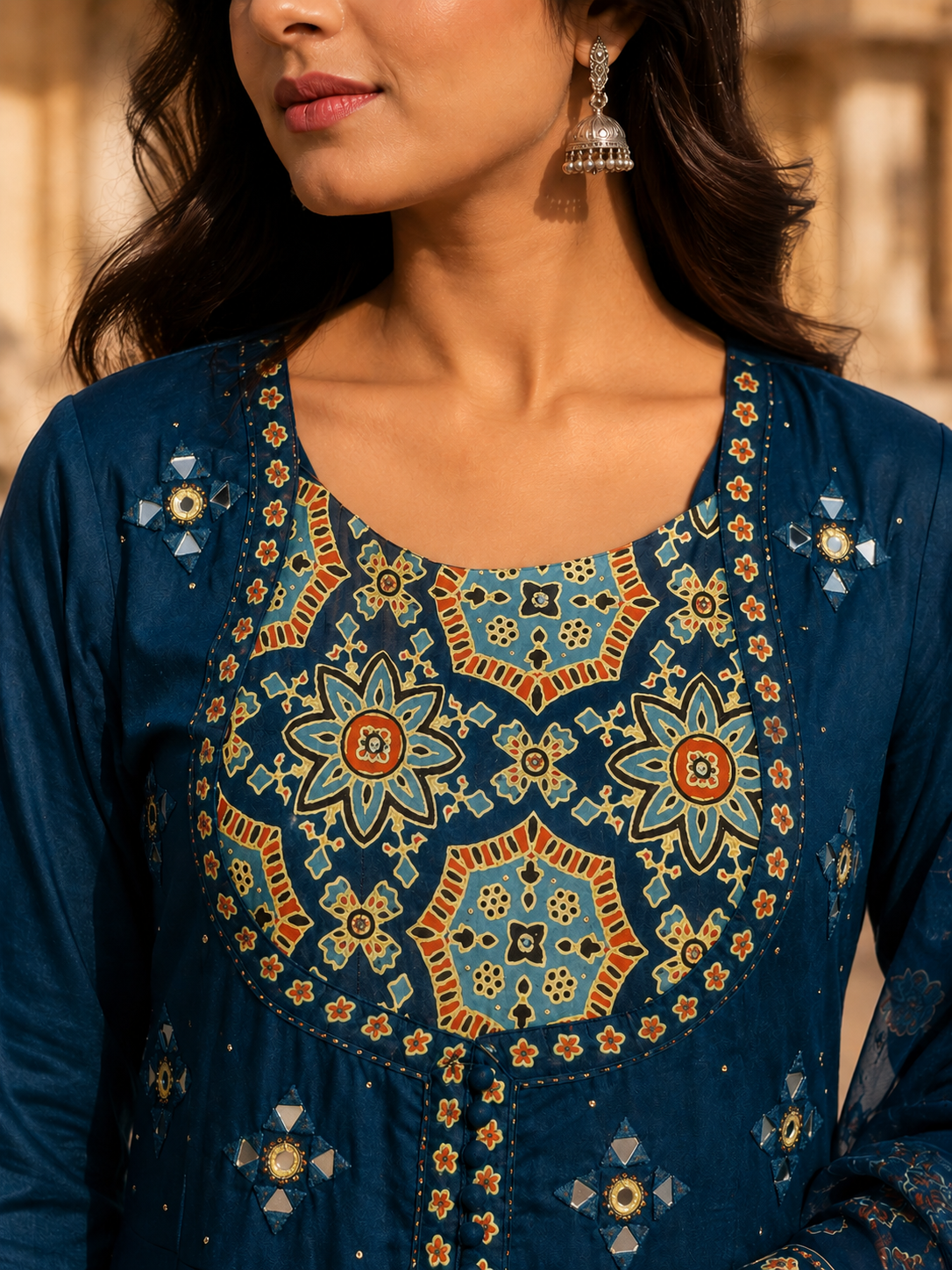 Blue Pure Cotton Anarkali  Suit with Mirror work