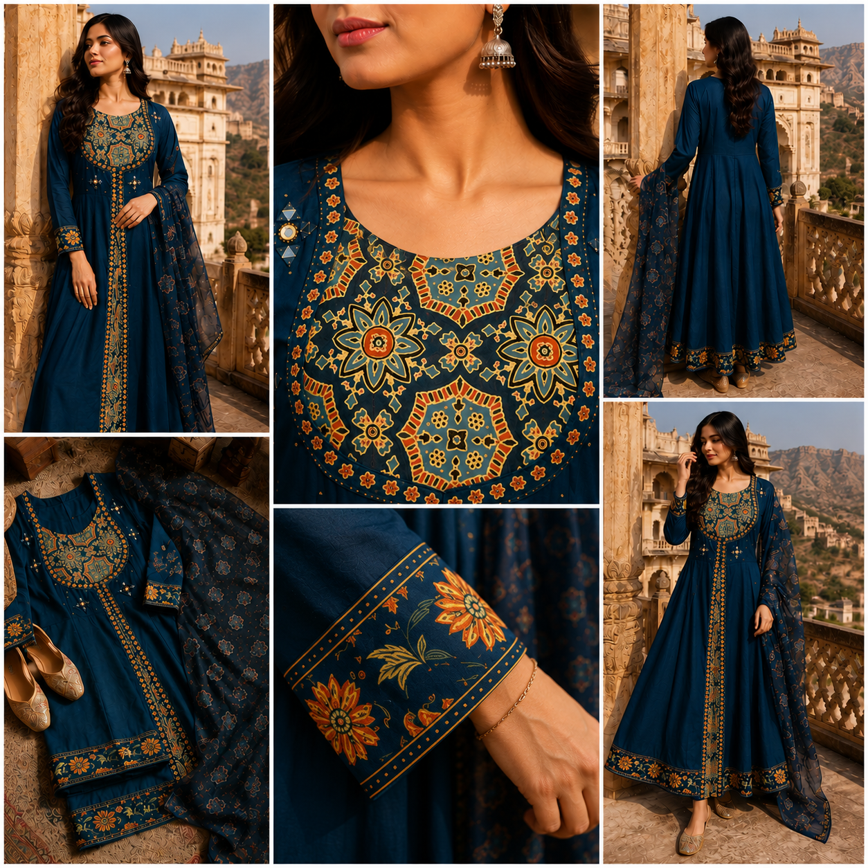 Blue Pure Cotton Anarkali  Suit with Mirror work