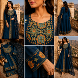 Blue Pure Cotton Anarkali  Suit with Mirror work