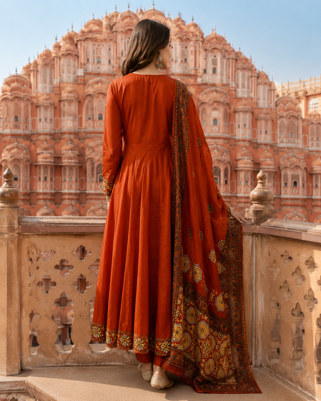 Rust Pure Cotton Anarkali  Suit with Mirror work