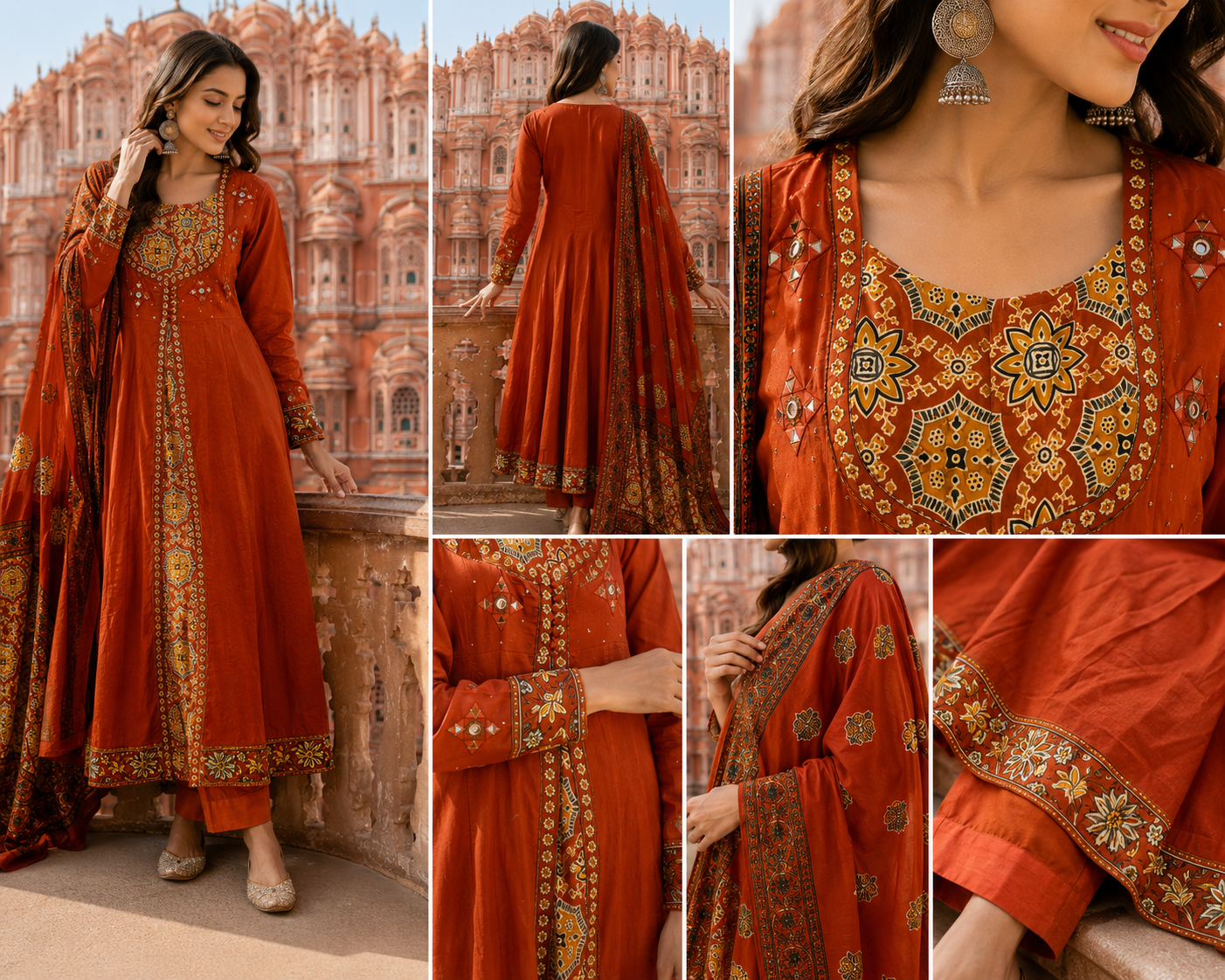 Rust Pure Cotton Anarkali  Suit with Mirror work