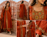 Rust Pure Cotton Anarkali  Suit with Mirror work