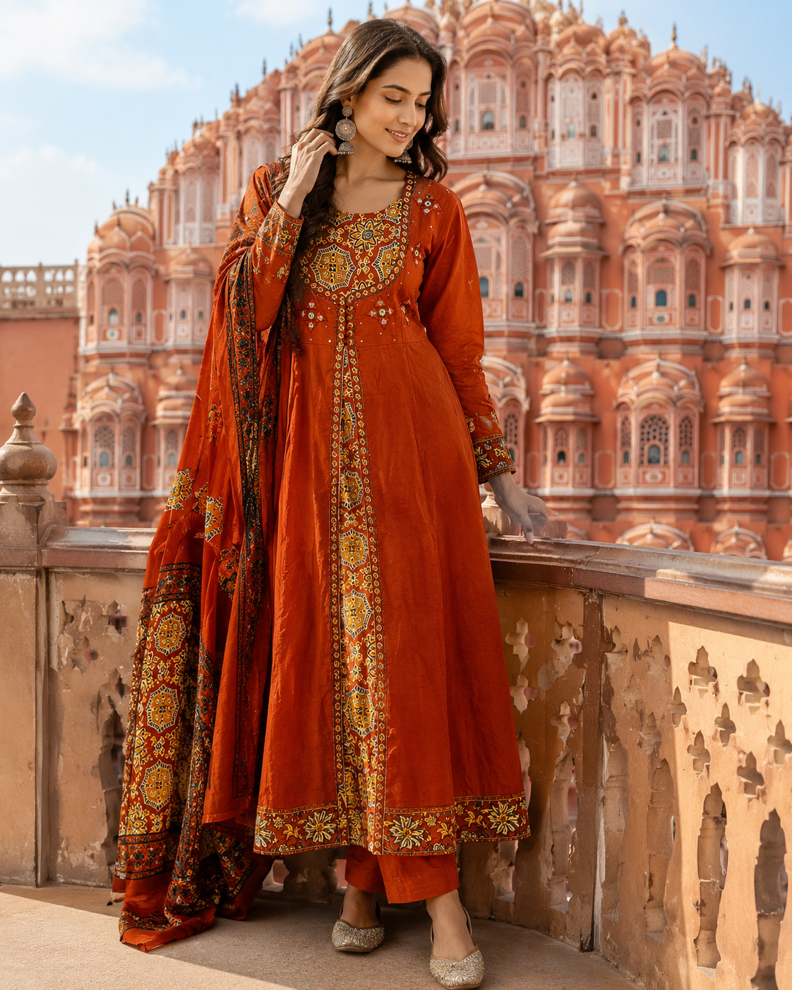 Rust Pure Cotton Anarkali  Suit with Mirror work