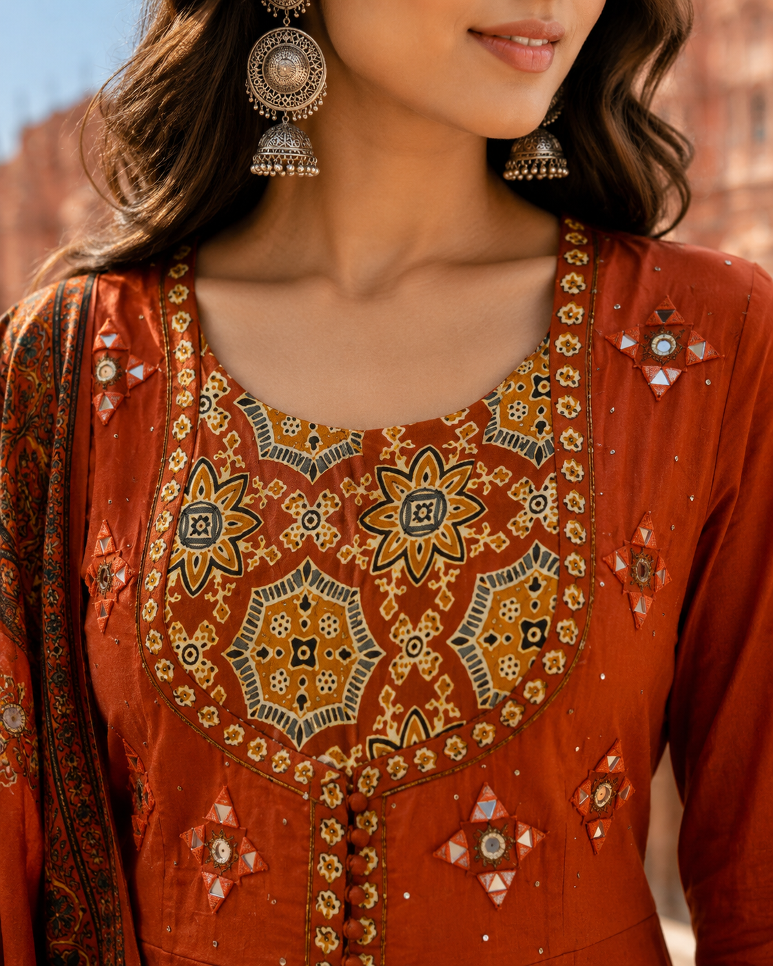 Rust Pure Cotton Anarkali  Suit with Mirror work