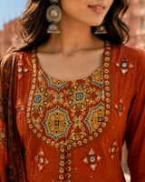 Rust Pure Cotton Anarkali  Suit with Mirror work