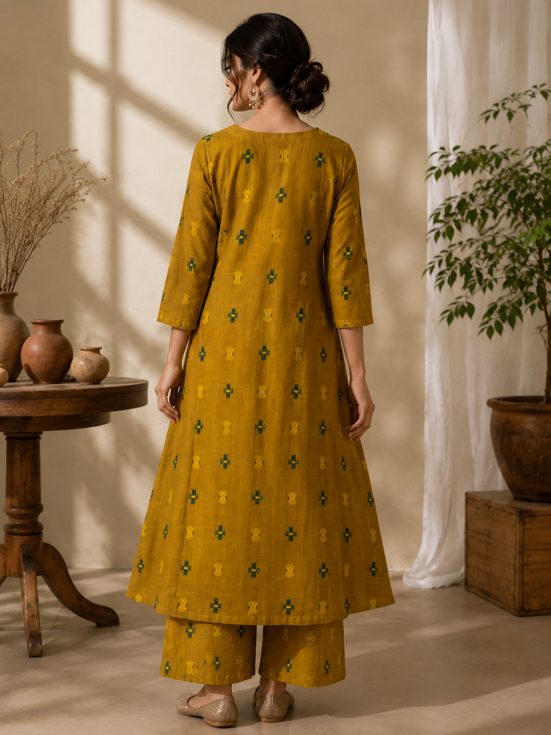 Yellow Khadi Cotton Co-ord Set with Detailing on Neck Line