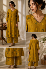 Yellow Khadi Cotton Co-ord Set with Detailing on Neck Line