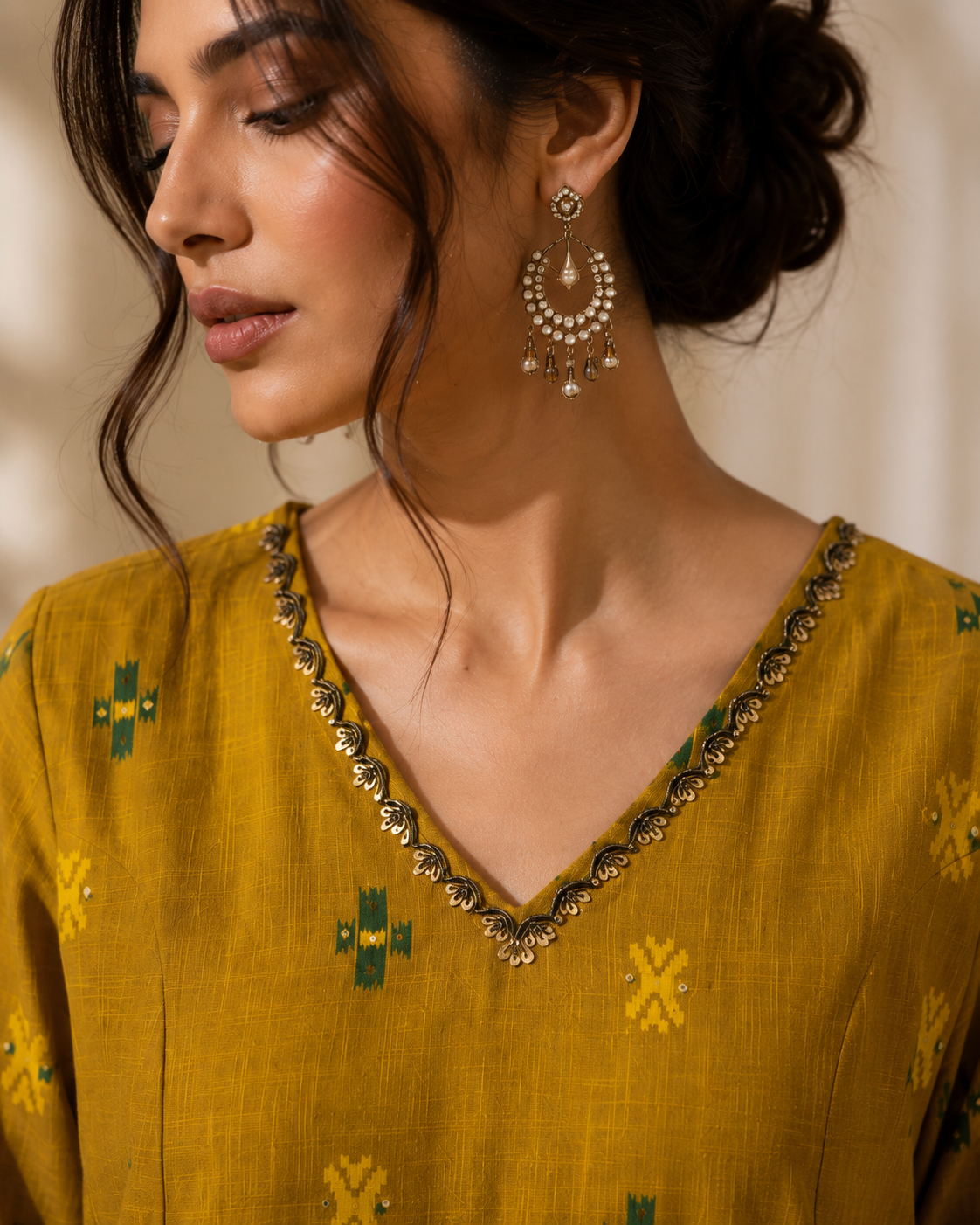 Yellow Khadi Cotton Co-ord Set with Detailing on Neck Line